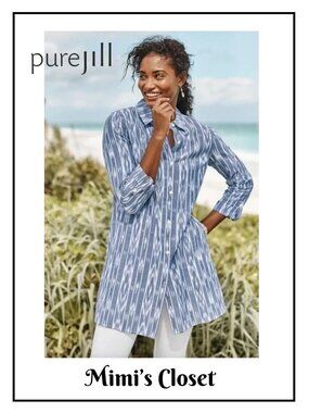 J.JILL  Pure Jill Ikat Tunic Blue and White Button Down Cotton Tunic Large